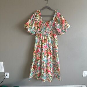 THML Colorful Floral Puff Sleeve Tiered Maxi Dress Medium